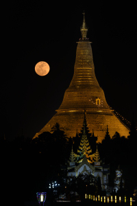 Gold, Crimson and Moonshine: Full Moon rising above the Stupa
